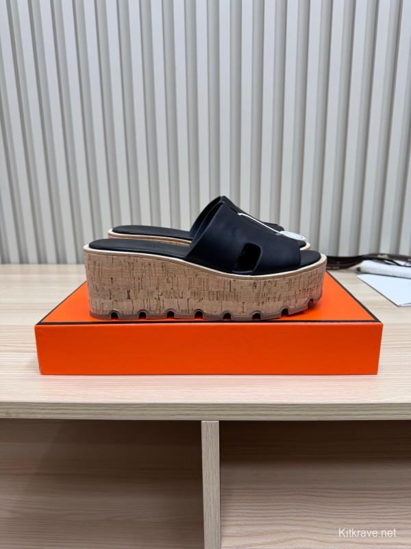 2025 Women Hermès Black Leather Wedge Sandals KFY00280