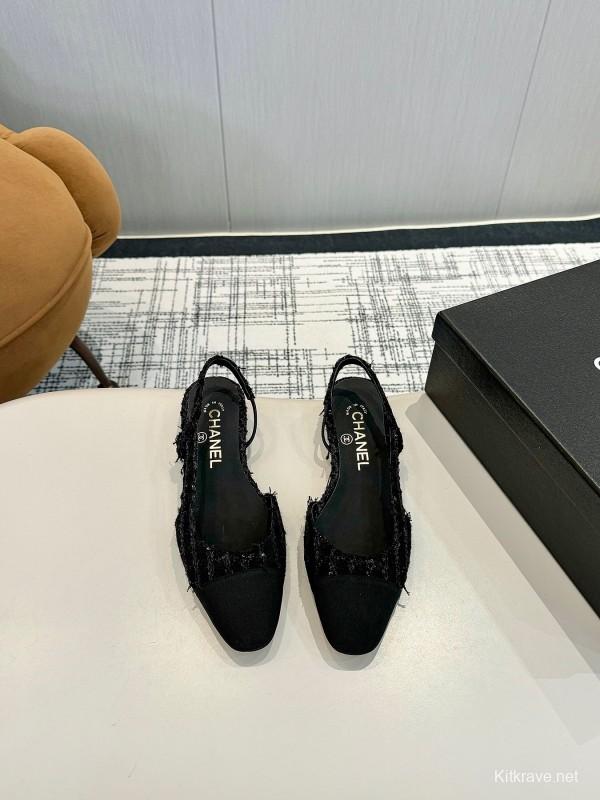 2025 Women Chanel Black Leather Tweed Ballet Flats LY00240