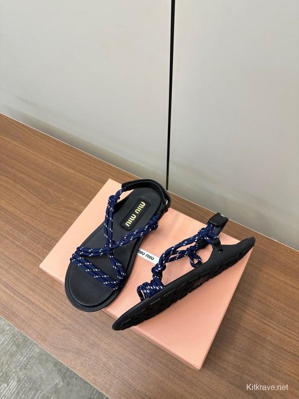 2025 Women Miu Miu Blue Black Leather Rope Sandals