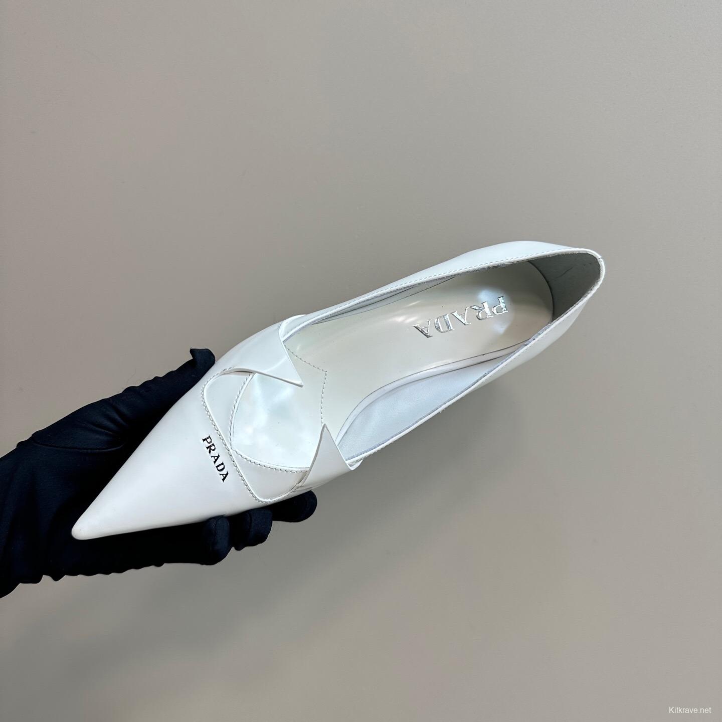 2025 Women Prada White Leather Pointed Toe Kitten Heel Pumps KFY00310