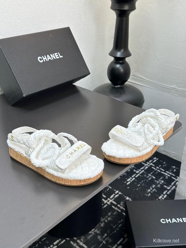 2025 Women Chanel White Leather Roped Espadrille Sandals LY00260