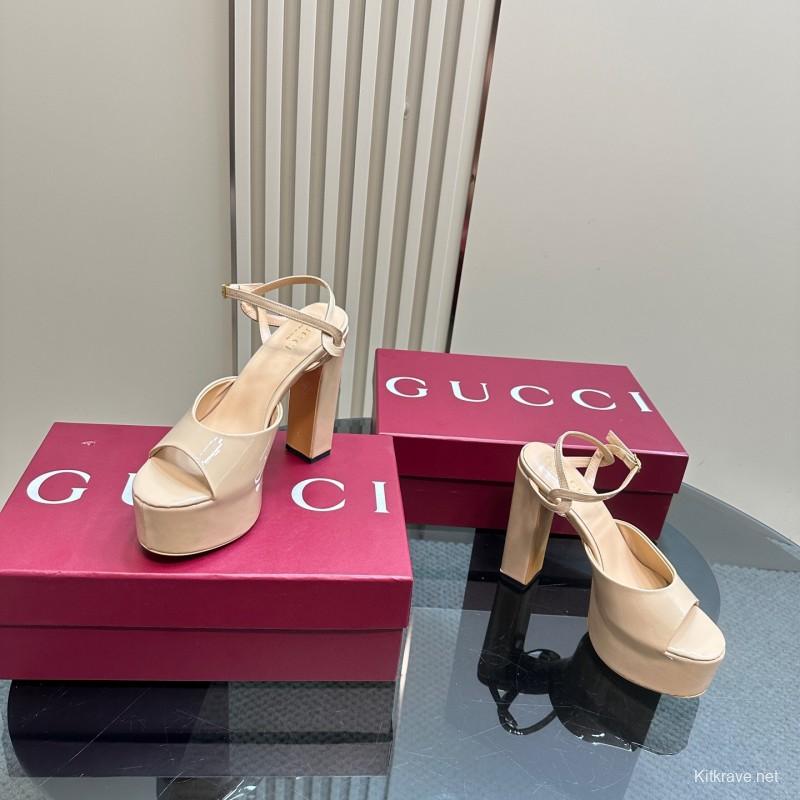 2025 Women Gucci Beige Leather Platform Sandals KFY00340