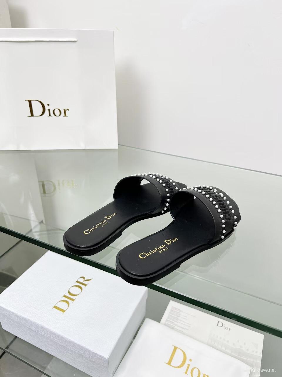 2025 Women Dior Black Leather Slippers Pearl Embellishment LY00190