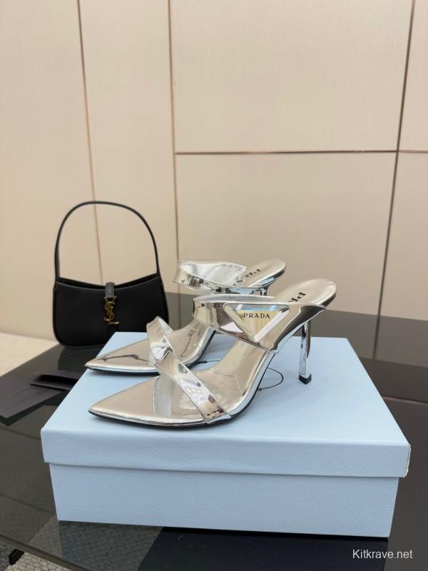 2025 Women Prada Silver Leather Pointed Toe Sandals