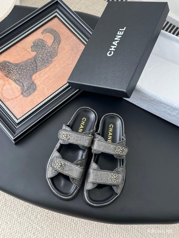 2025 Women Chanel Grey Fabric Leather Sandals Magic Tape LY00310