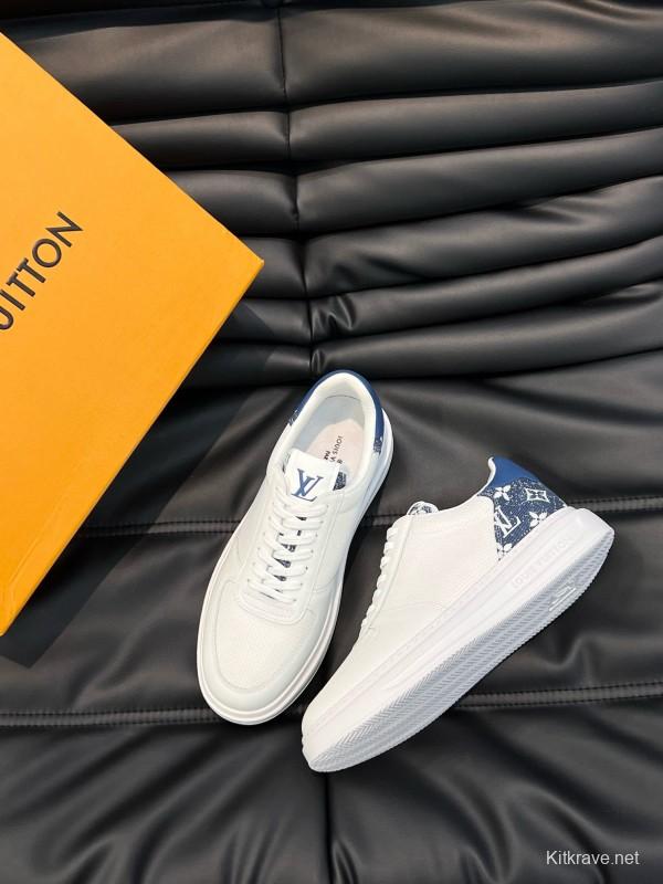 2024 Men Louis Vuitton White Blue Mesh Leather Sneakers MJ00400