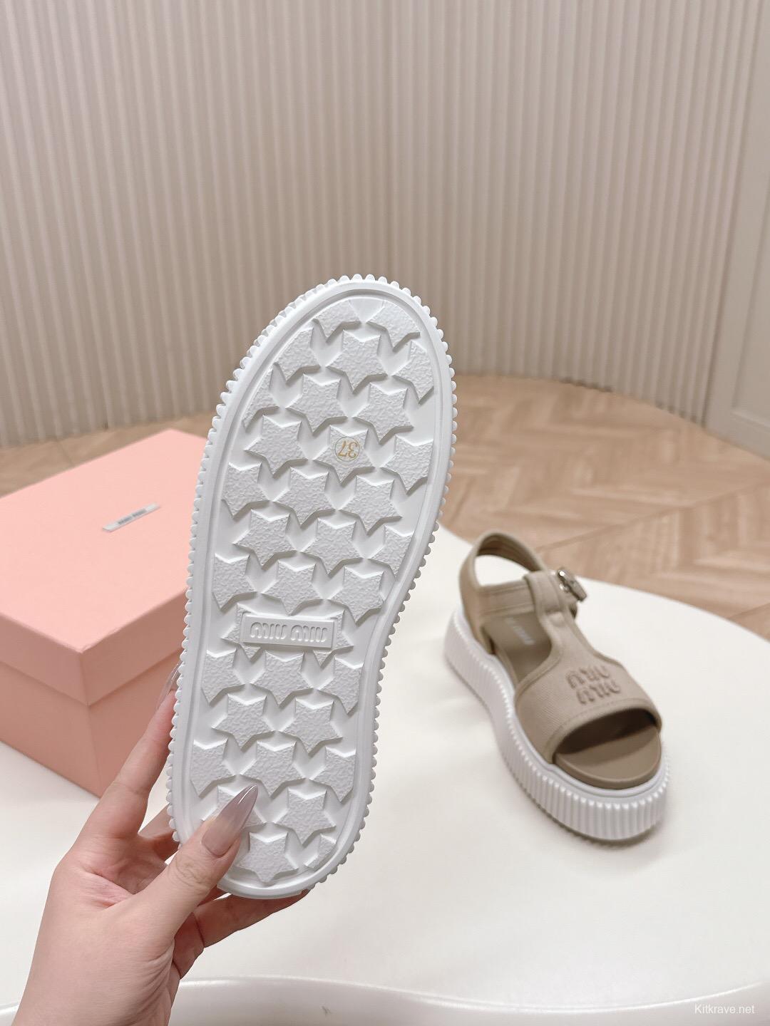 2025 Women Miu Miu Beige Canvas Sandals Buckle LY00360