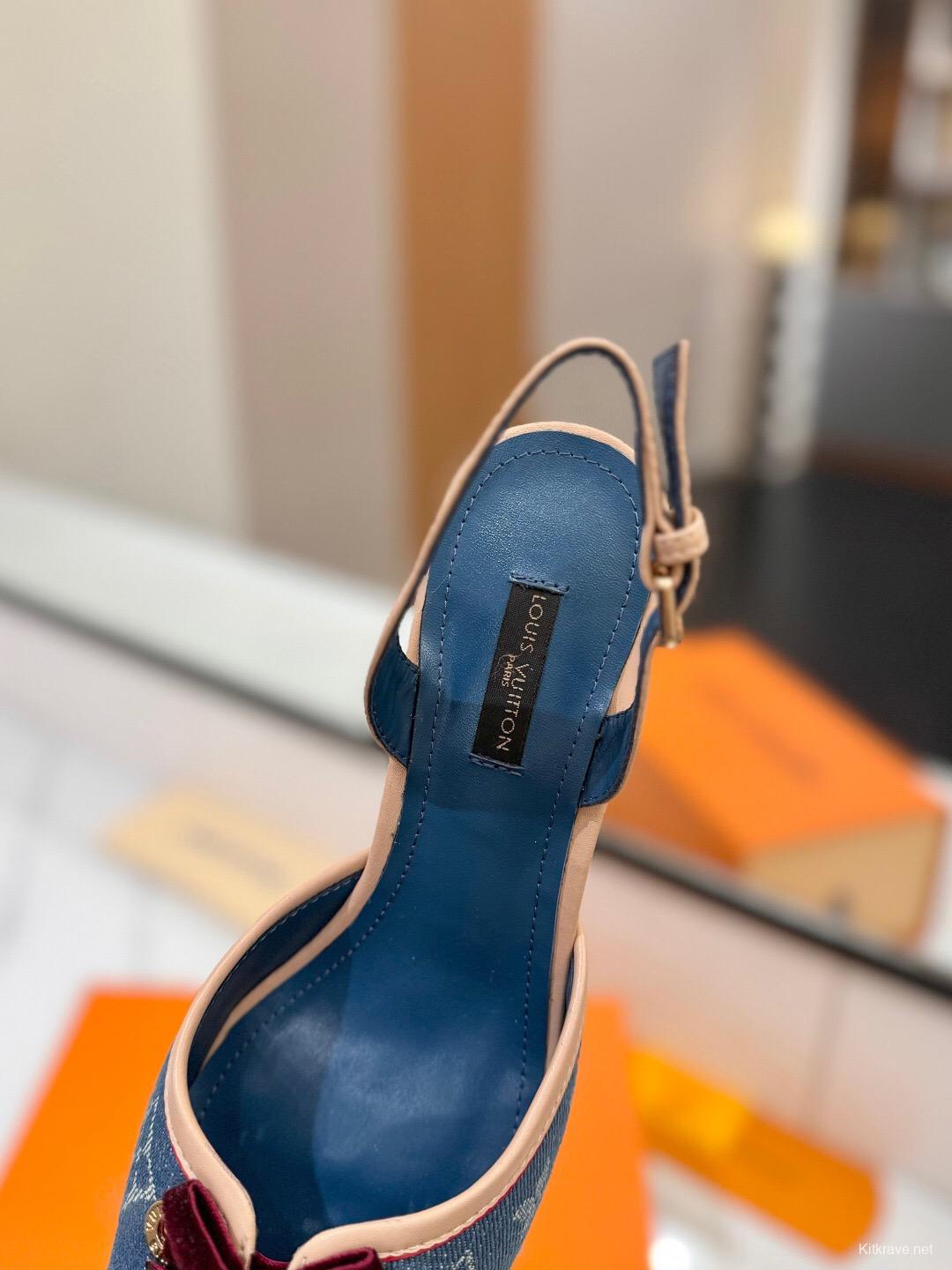 2025 Women Louis Vuitton Blue Denim LV Monogram Leather Sandals Buckle KFY00310