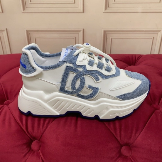 2025 Unisex Dolce & Gabbana White Blue Silk Leather Sneakers Exclusive Craft LY00330(F)/LY00340(M)