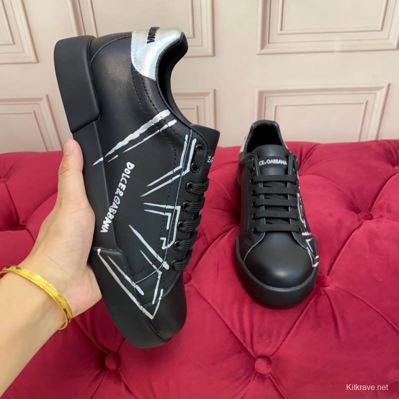 2025 Men Dolce & Gabbana Black Silver Leather Sneakers