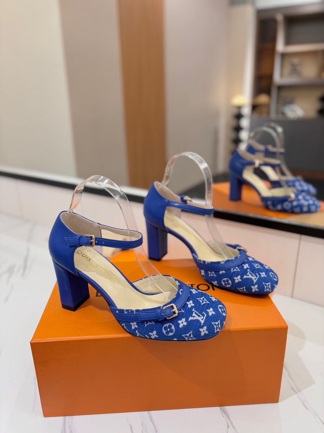 2025 Women Louis Vuitton Blue Denim Leather Heels KFY00310