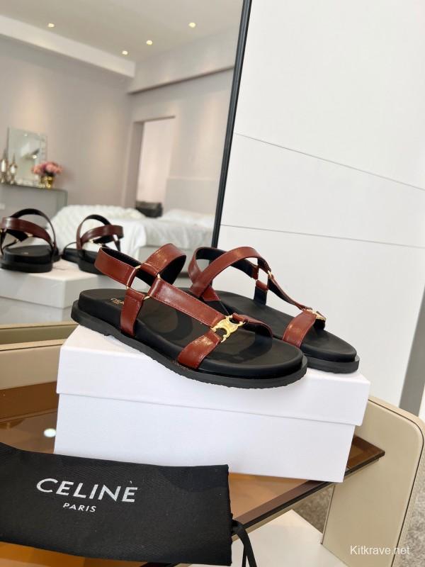 2025 Women Celine Brown Leather Flat Rome Sandals LY00220