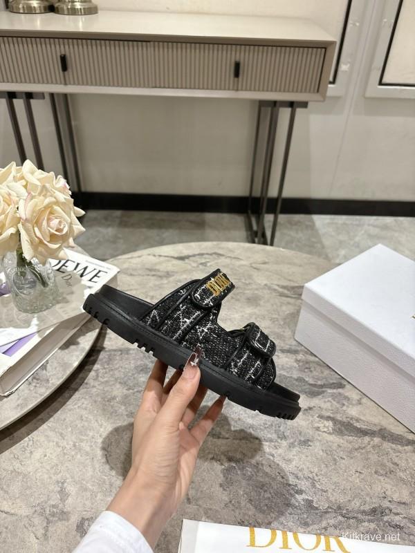 2025 Women Dior Black White Fabric Leather Sandals KFY00300