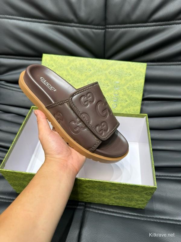 2024 Gucci Brown Leather Slippers MJ00200