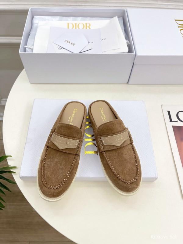 2025 Women Dior Brown Suede Mule Loafers Casual Handmade Slip-on LY00360(F)