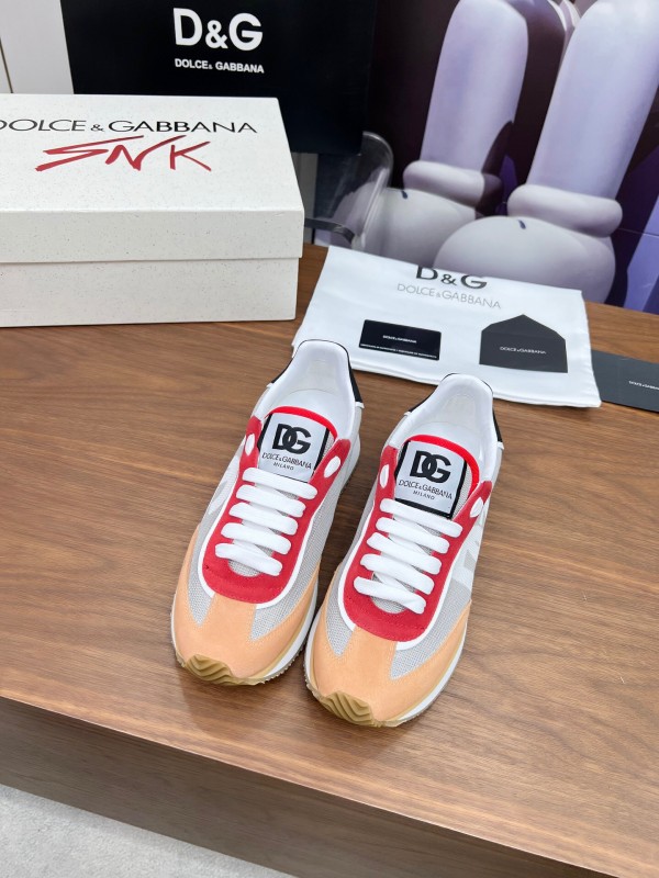 2025 Unisex Dolce & Gabbana Gray Red Beige PU Leather Mesh Sneakers LY00300