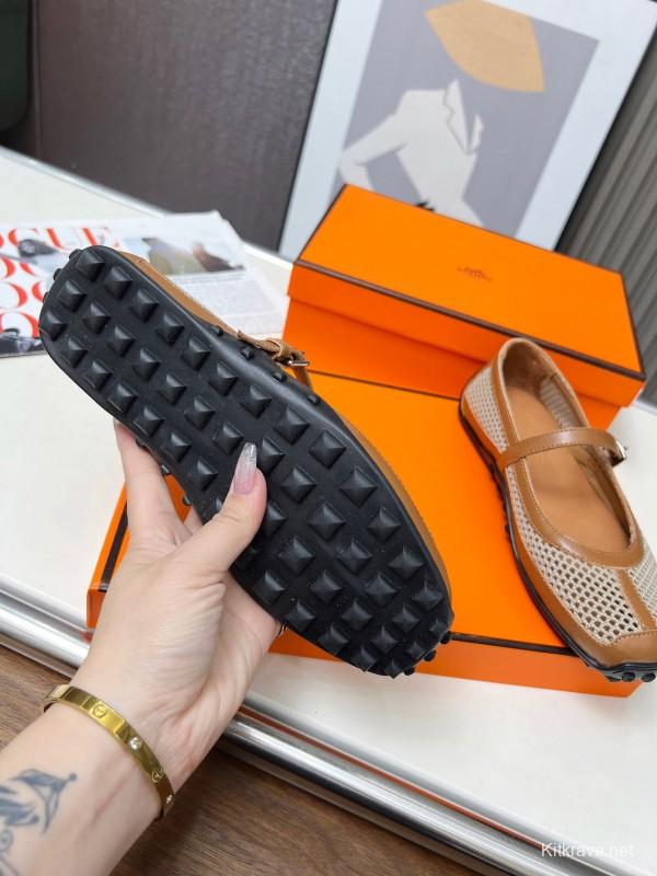 2025 Women Hermès Beige Mesh Leather Mary Jane LY00230