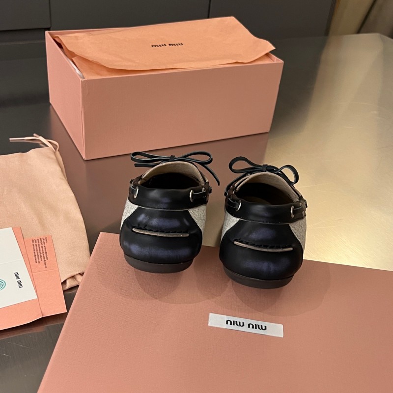 2025 Women Miu Miu Black Beige Leather Fabric Loafers