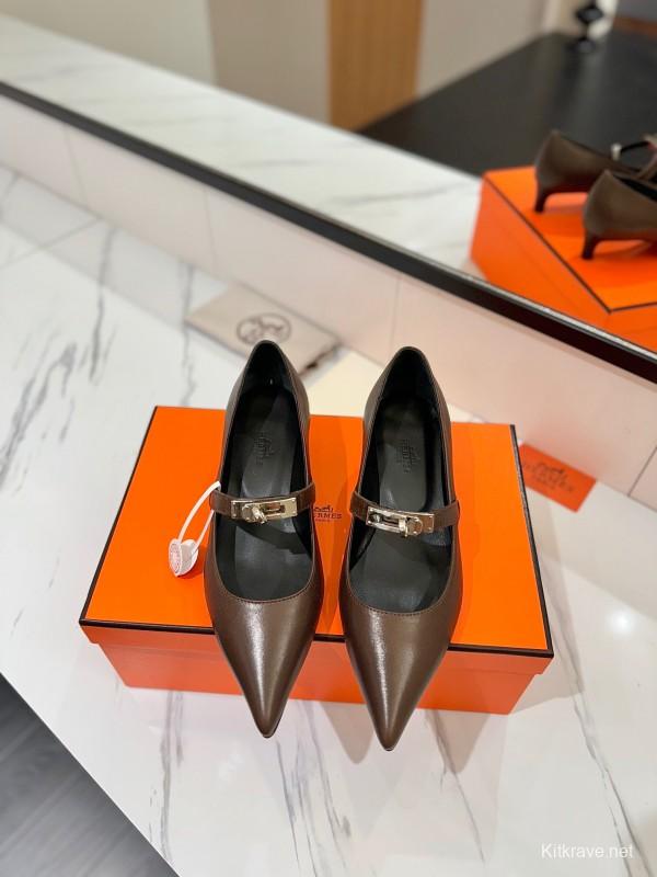 2025 Women Hermès Brown Leather Mary Jane 4cm Heel KFY00330