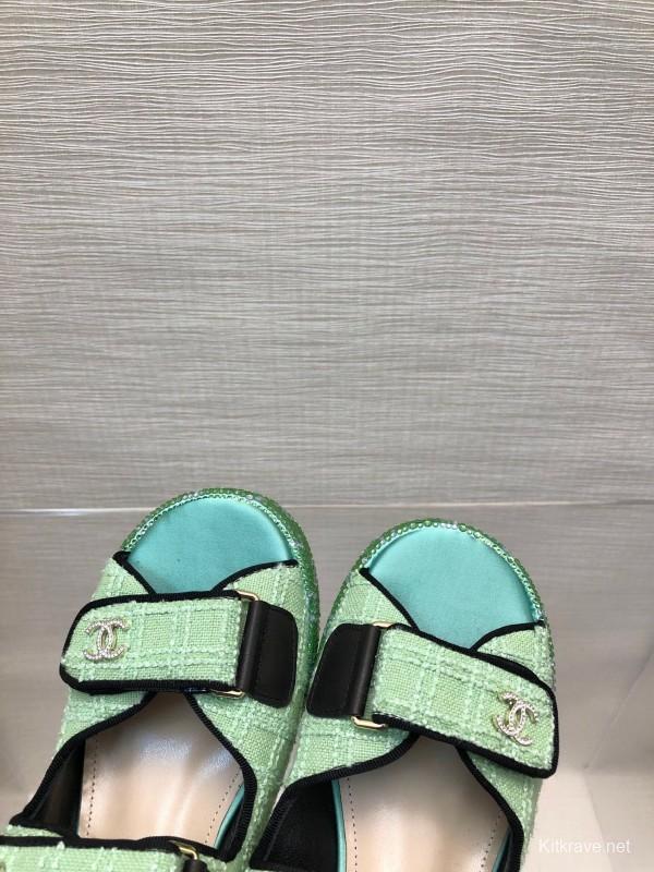 2025 Slippers Chanel Mint Green Textile Platform Sandals LY00330