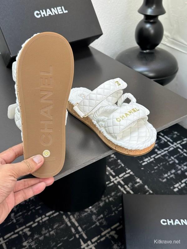 2025 Slippers Chanel White Quilted Fabric Cork Sole LY00250
