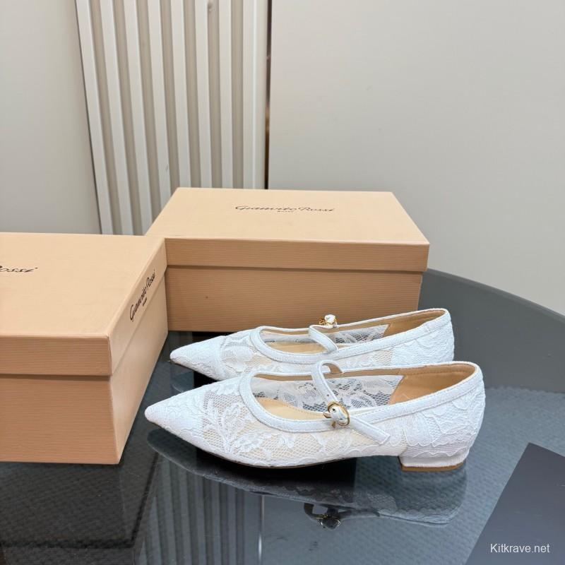 2025 Women Gianvito Rossi White Lace Leather Low Heel Ballerina KFY00260