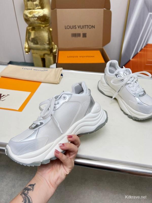 2025 Women Louis Vuitton White Grey Mesh Leather Sneakers LY00340