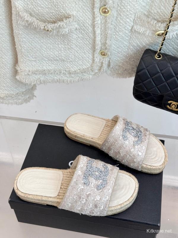 2025/Women Chanel White Lace Espadrille Slides With Sequined CC Logo KFY00240(F)