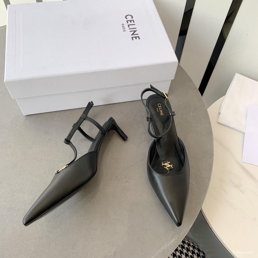 2025 Women Celine Black Calfskin Leather T-Strap TRIOMPHE Pumps