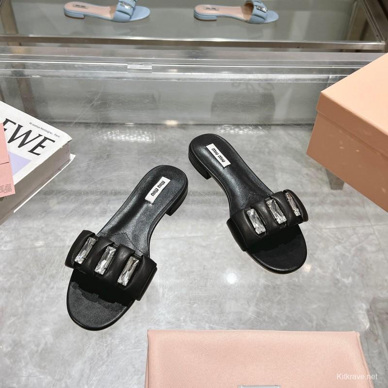 2025 Miumiu Black Leather Slippers KFY00250