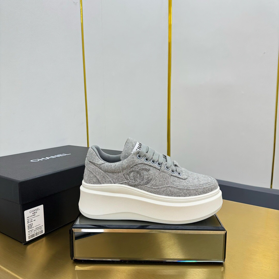 2025 Women Chanel Grey Wool Platform Sneakers