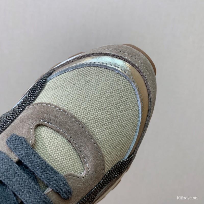 2025 Unisex Brunello Cucinelli Beige Grey Suede Mesh Sneakers LY