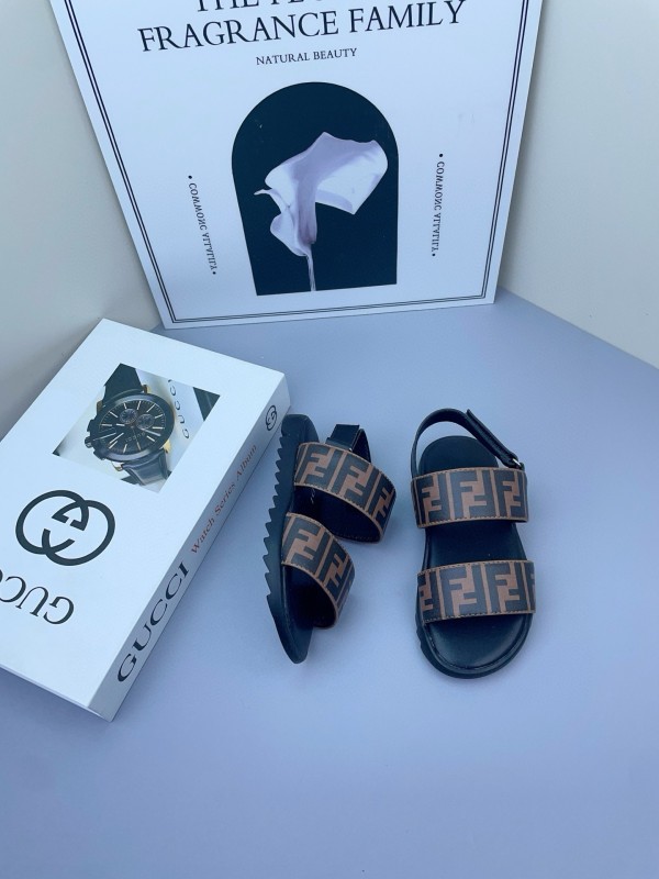 2025 Kids Fendi Brown Black Leather Sandals