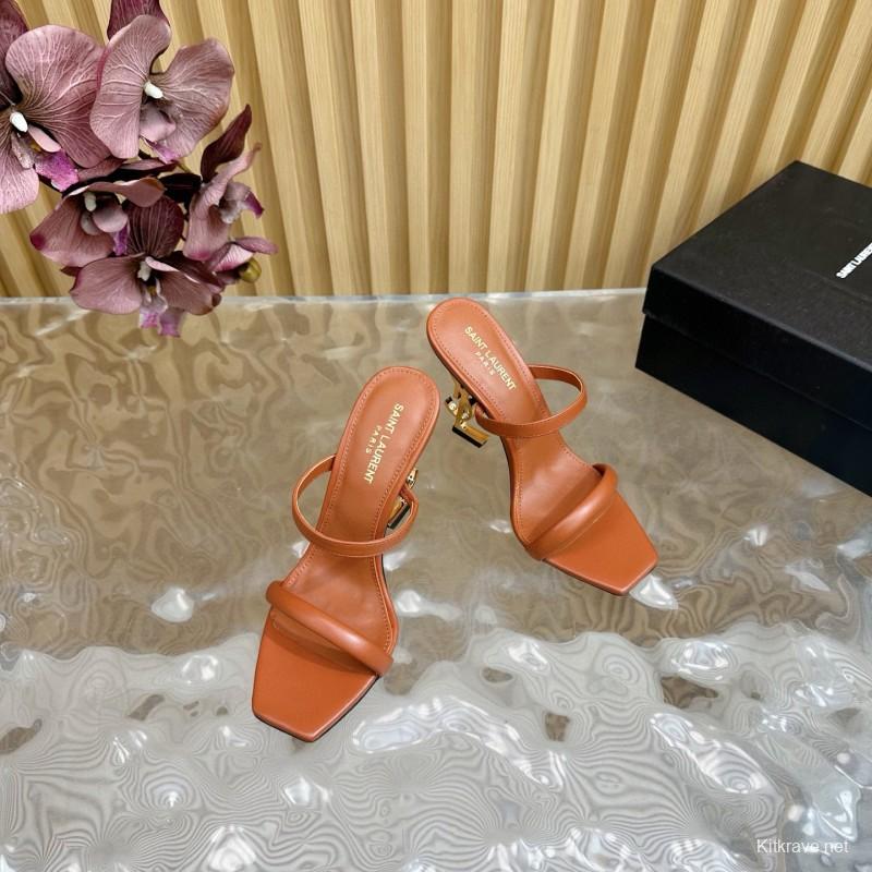 2025 Women Yves Saint Laurent Brown Leather High Heel Sandals Metal Logo MJ00310