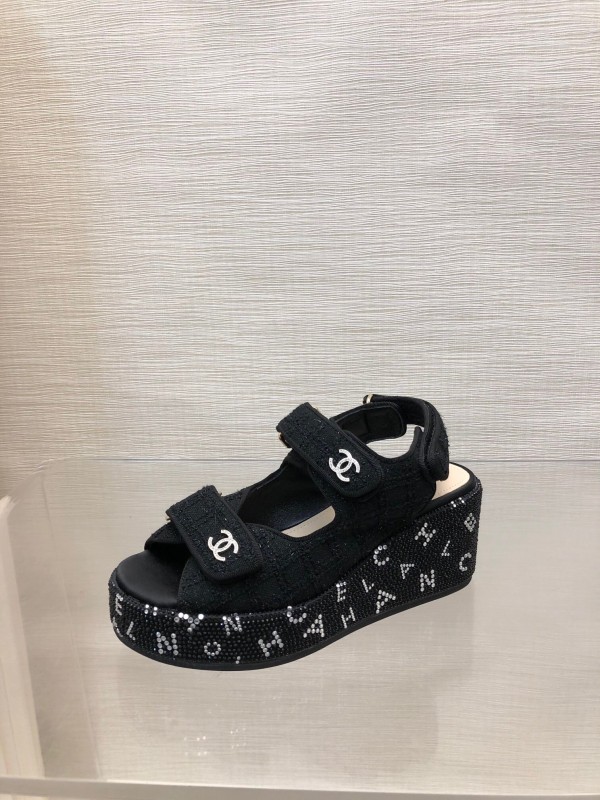 2025 Women Chanel Black Fabric Platform Sandals LY00330
