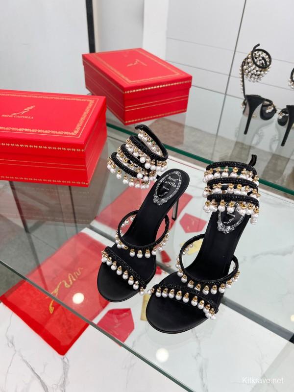 2025 Women RC Black Silk Crystal Pearl High Heel Sandals LY00360