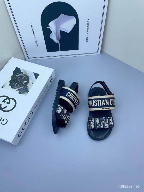 2025 Kids DIOR White Black Canvas Sandals