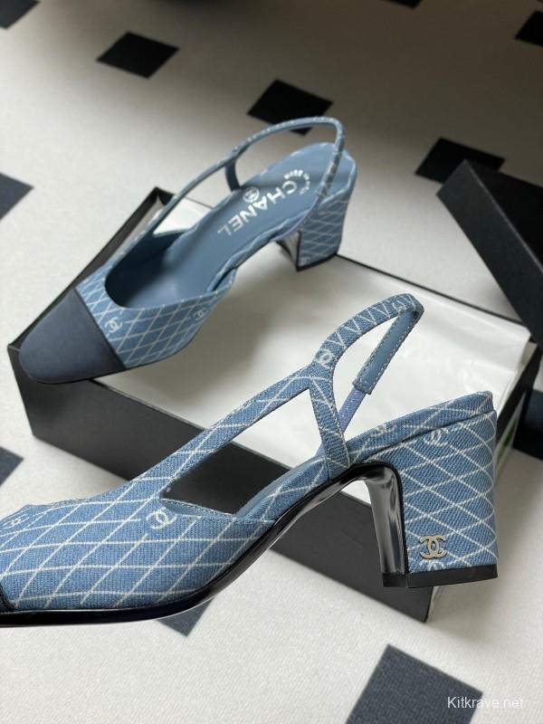 2025 Women Chanel Light Blue Denim Leather Sling-back Heels