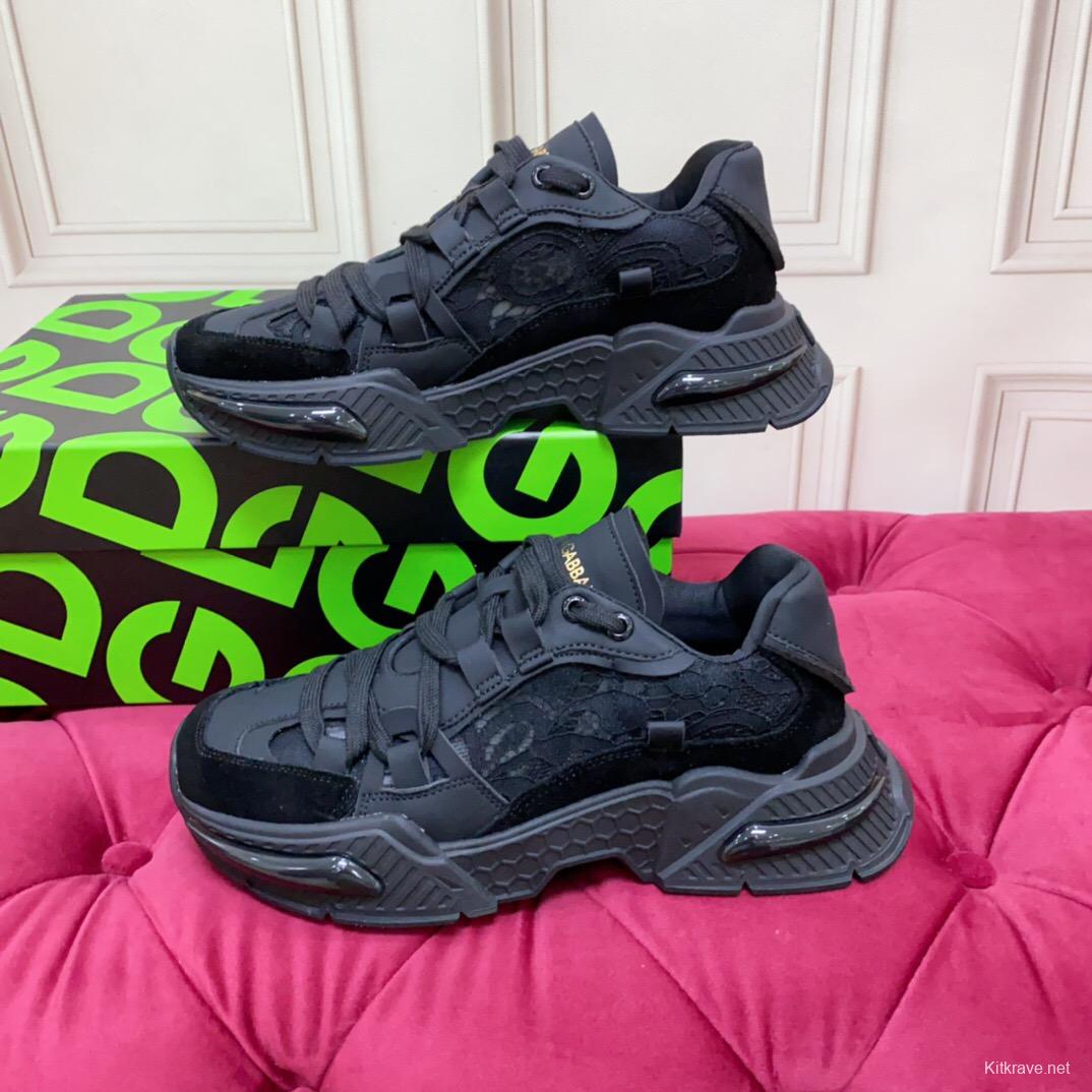 2025 Unisex Dolce & Gabbana Black Mesh Leather Sneakers LY00340