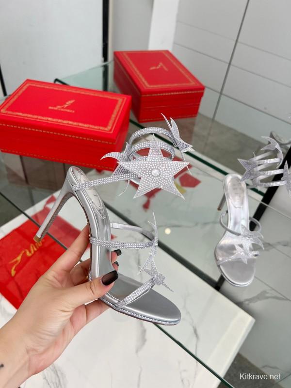 2025 Women RC Silver Crystal Leather High Heels Spiral Strap LY00340