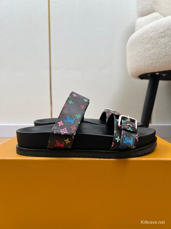 2025 Women Louis Vuitton Black Rainbow Canvas Slippers KFY00280