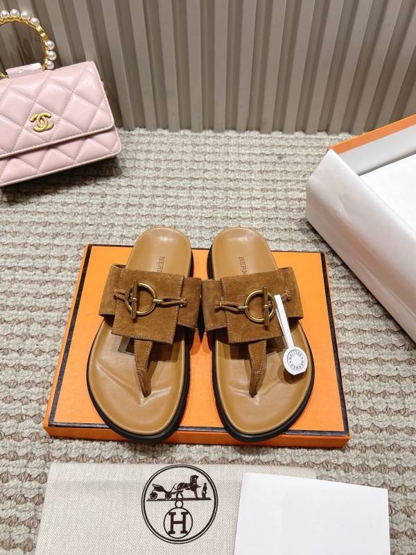 2025 Slippers Hermès Brown Suede Leather Casual LY00350