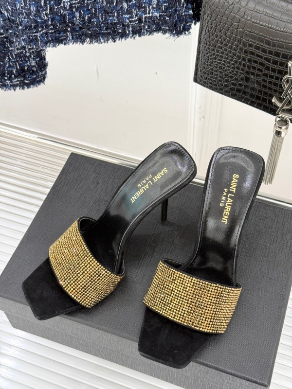 2025 Women Yves Saint Laurent Black Gold Leather High Heel Slip-On LY00300