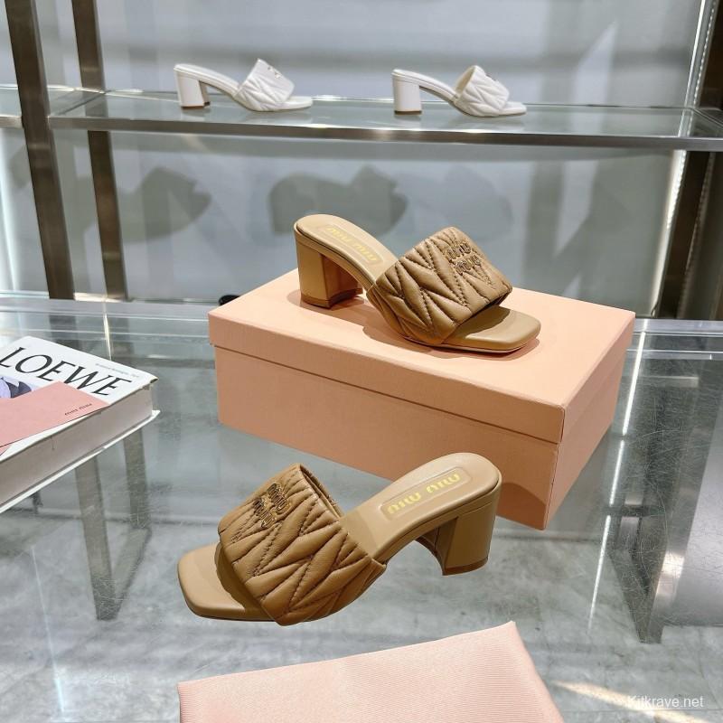 2025 Women Miu Miu Beige Lambskin Heeled Sandals MDR00123