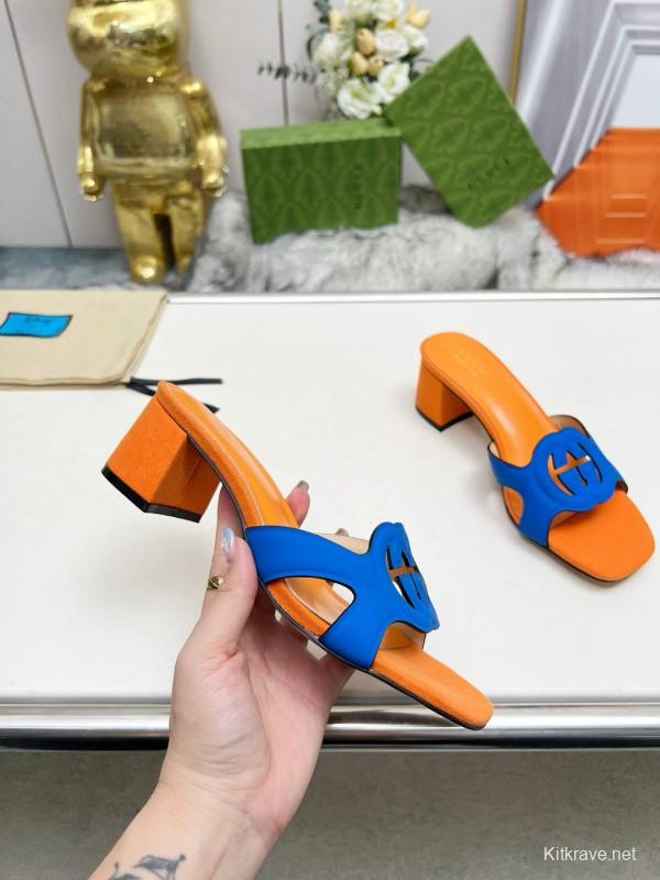 2025 Gucci Orange Blue Leather Slippers