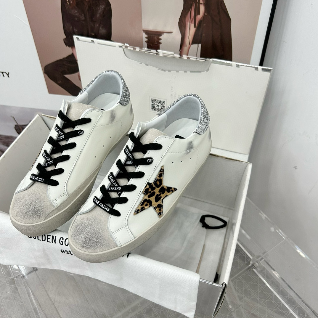 2025 Women GGDB White Black Leopard Print Leather Sneakers