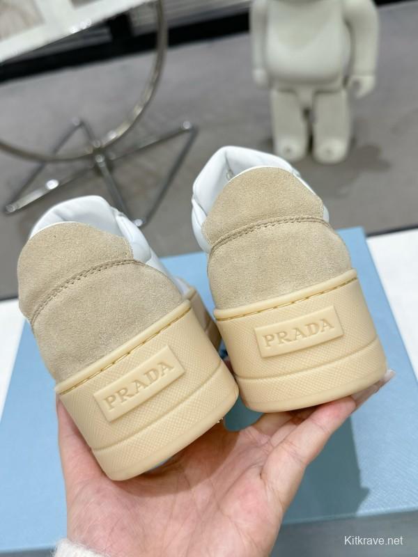 2025 Women Prada White Beige Leather Suede Sneakers