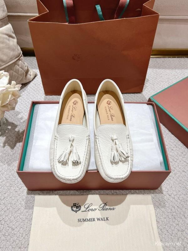 2025 Women Le Parmentier White Leather Loafers Tassel LY00291