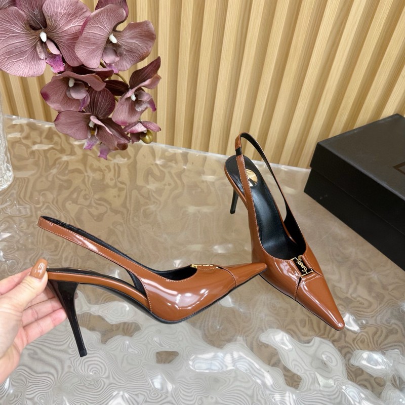 2025 Women Yves Saint Laurent Brown Patent Leather Slingback Heels