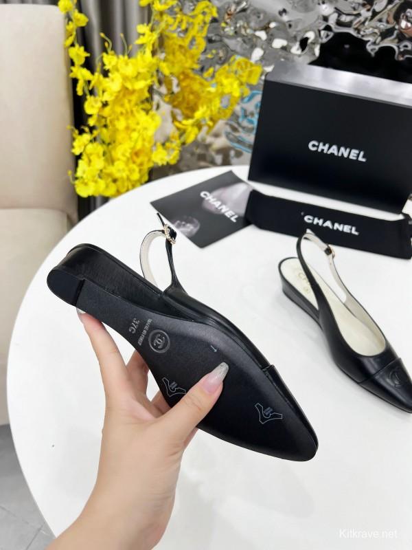 2025 Women Chanel Black Leather Slingback Flats